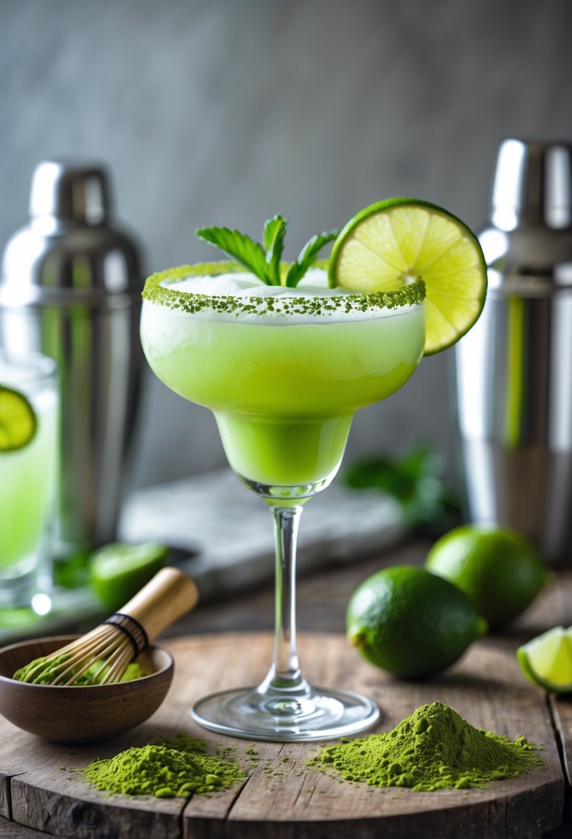 A green Matcha Margarita cocktail in a glass with lime and mint garnishes on a wooden table, surrounded by matcha powder and cocktail tools.