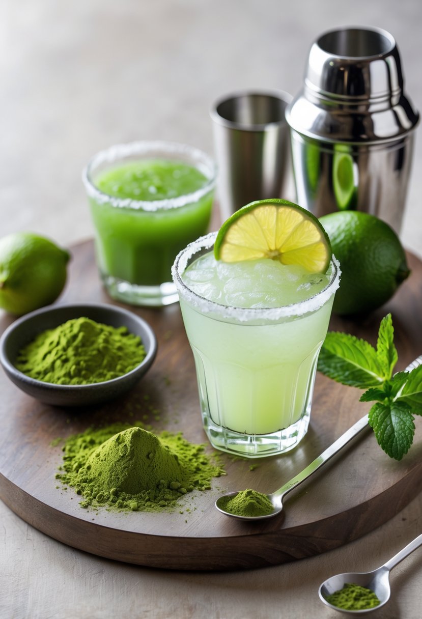A wooden surface with matcha powder, lime halves, tequila, simple syrup, a salt-rimmed margarita glass filled with a green Matcha Margarita garnished with lime, and a cocktail shaker.