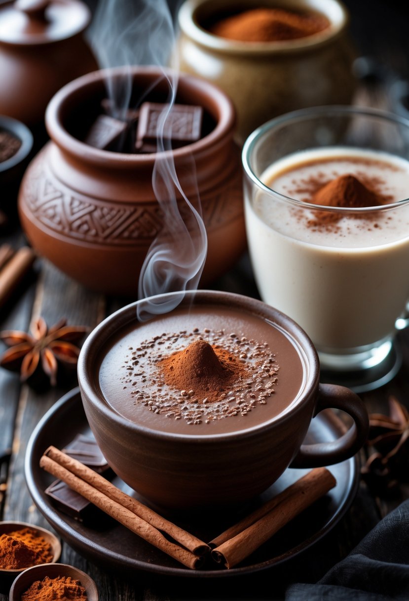 Two cups of Mexican hot chocolate on a wooden table surrounded by chocolate tablets, cinnamon sticks, and spices.