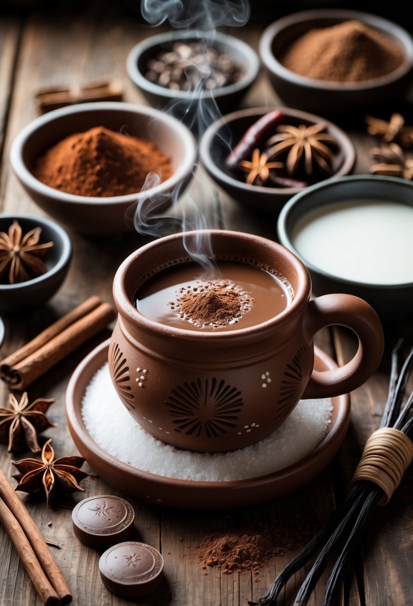 A rustic wooden table displaying a steaming clay mug of Mexican hot chocolate surrounded by cinnamon sticks, chili peppers, cocoa powder, Mexican chocolate tablets, sugar, milk, vanilla pods, and a wooden whisk.