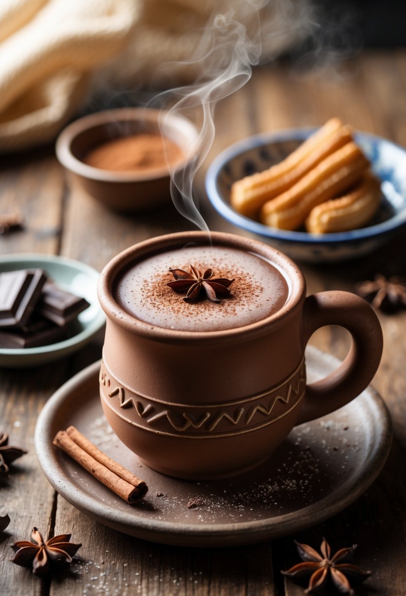 A clay mug of steaming Mexican hot chocolate on a wooden table with churros and pieces of dark chocolate nearby.