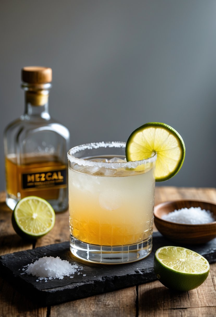 A Mezcal Margarita cocktail in a salt-rimmed glass garnished with a lime wheel, placed on a wooden table with a bottle of mezcal, a halved lime, and a bowl of salt nearby.