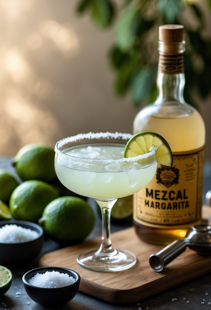 A glass of Mezcal Margarita surrounded by fresh limes, a bottle of mezcal, sea salt, and agave syrup on a wooden board.