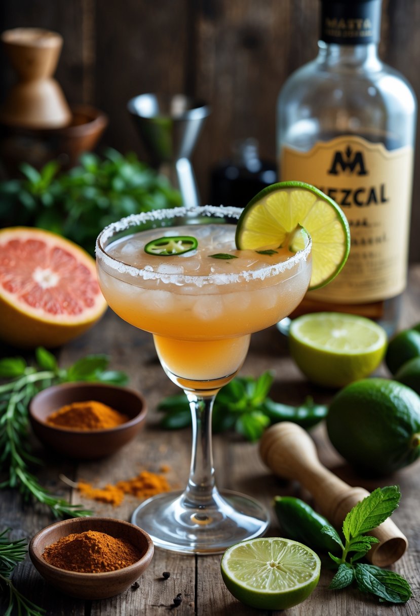 A mezcal margarita cocktail on a wooden table surrounded by fresh limes, jalapeño slices, herbs, and a mezcal bottle in the background.