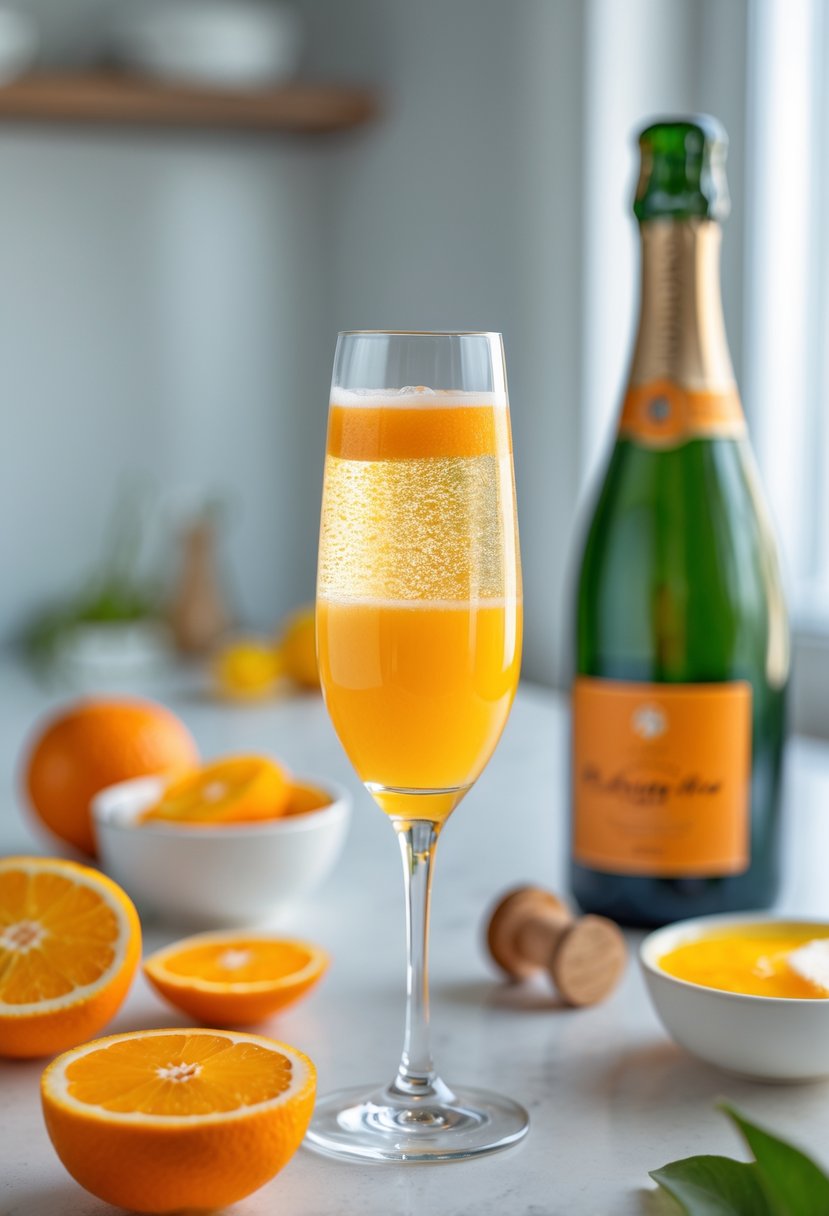 A glass of mimosa cocktail with fresh orange slices and a champagne bottle on a kitchen countertop.