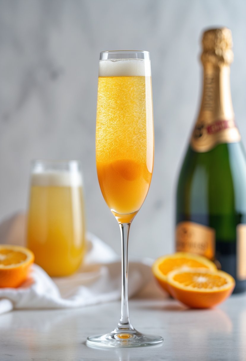 A tall champagne flute filled with a classic Mimosa cocktail, showing sparkling champagne and orange juice, with fresh orange slices and a champagne bottle in the background.