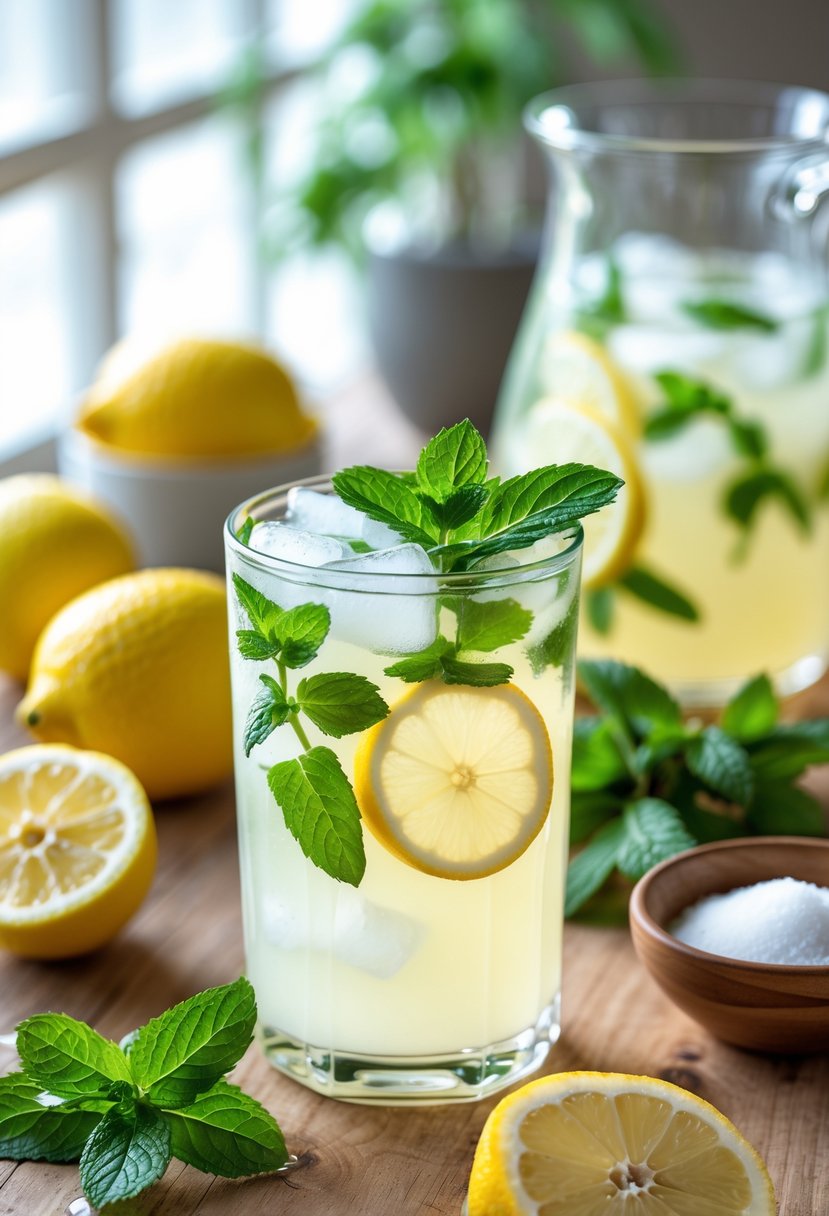 A glass of mint lemonade with ice and fresh mint leaves on a wooden table surrounded by lemons and mint.