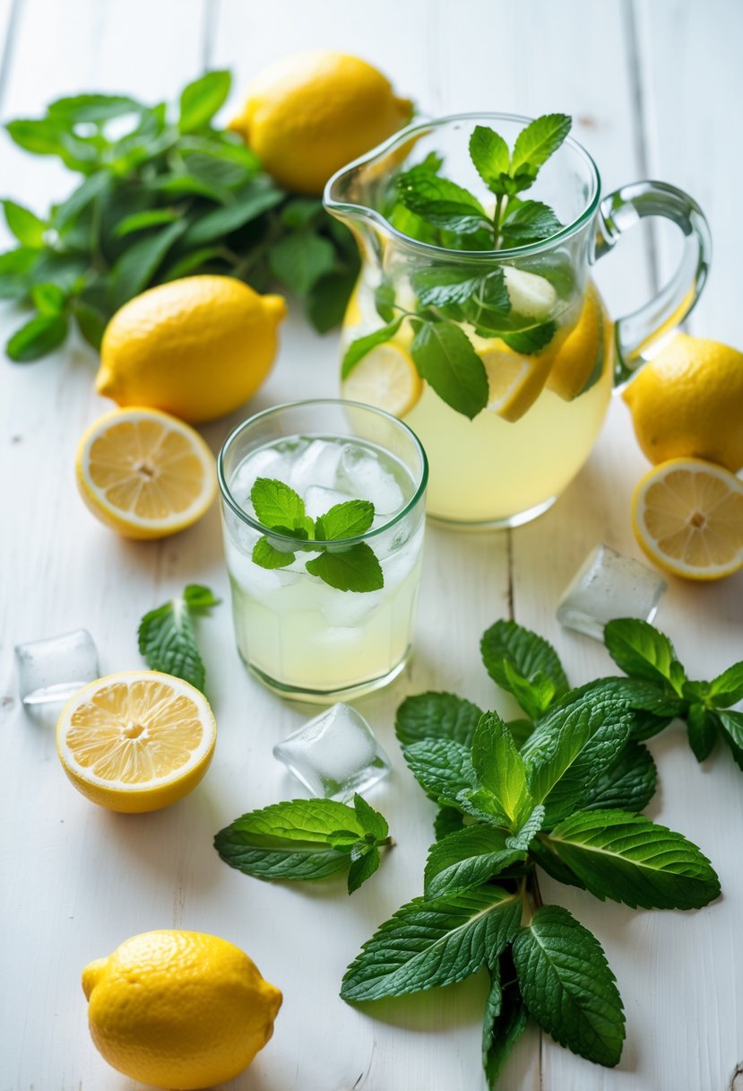 Fresh mint leaves, lemons, a glass pitcher of lemonade with lemon slices and mint, and ice cubes arranged on a wooden surface.