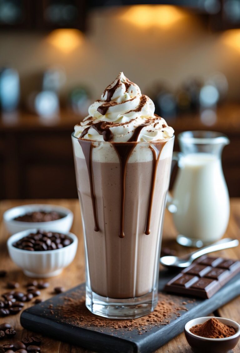 A glass of mocha coffee shake with whipped cream and chocolate drizzle on a wooden table surrounded by coffee beans, chocolate, and milk in a kitchen setting.