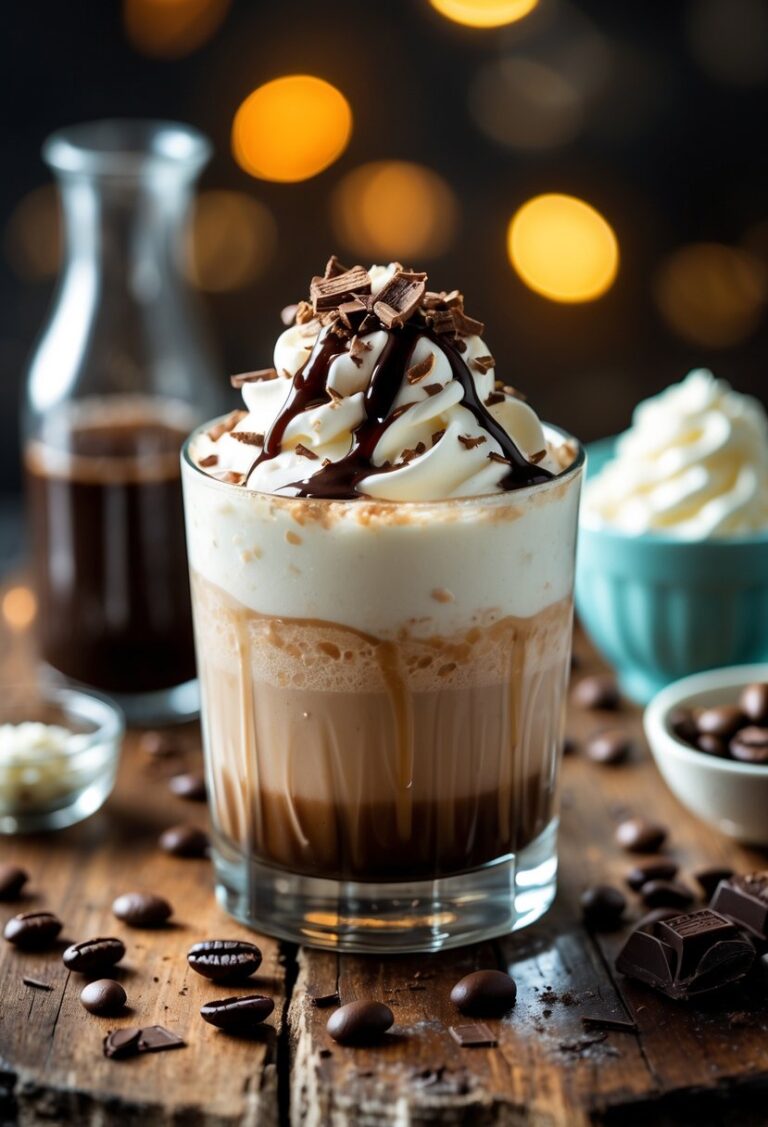 A glass of Mudslide cocktail topped with whipped cream and chocolate garnishes on a wooden table surrounded by coffee beans and chocolate pieces.