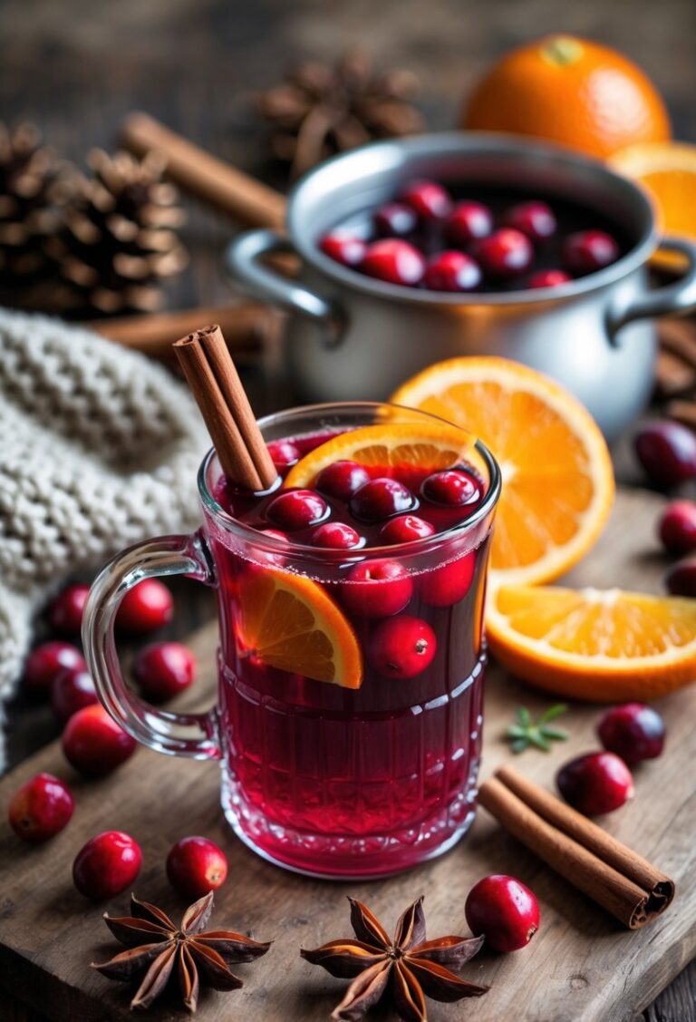 A glass mug of mulled cranberry juice garnished with cranberries, cinnamon stick, and orange slice on a wooden table surrounded by spices and fruit.