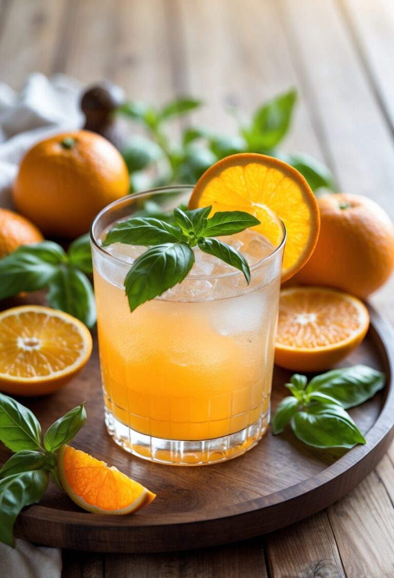 A glass of Orange Basil Spritz cocktail garnished with basil leaves and an orange slice, surrounded by fresh basil and oranges on a wooden table.