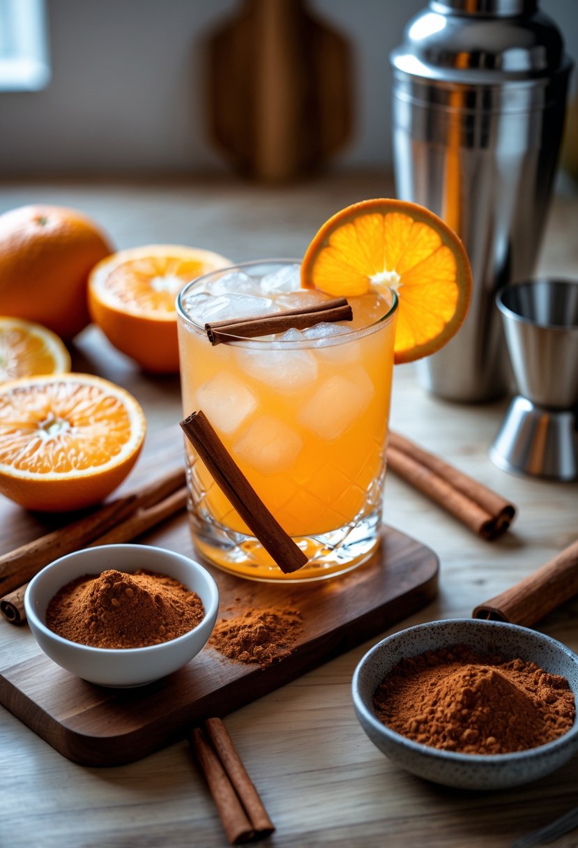 A glass of orange cinnamon mocktail garnished with a cinnamon stick and orange slice on a wooden countertop surrounded by fresh oranges, cinnamon sticks, and cocktail preparation tools.