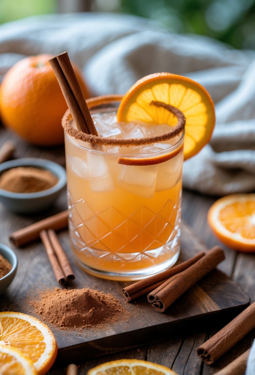 A glass of orange cinnamon mocktail garnished with a cinnamon stick and orange slice on a wooden table with cinnamon sticks and orange slices around it.