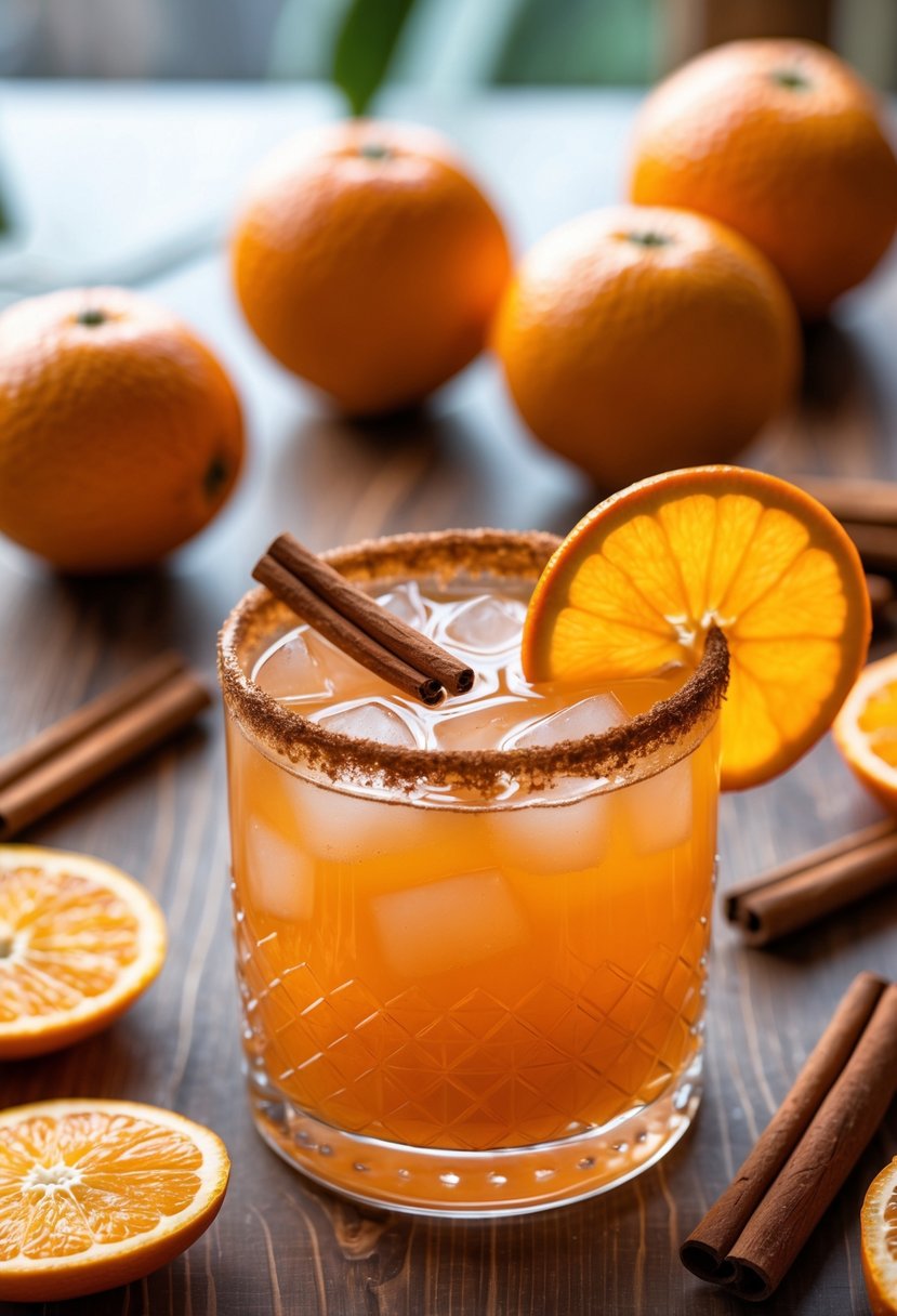 A glass of orange cinnamon mocktail garnished with a cinnamon stick and orange slice, surrounded by fresh oranges and cinnamon sticks on a wooden table.