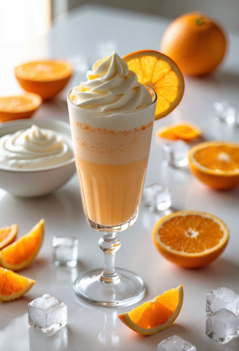 A glass of orange creamy mocktail with whipped cream and an orange slice, surrounded by fresh orange slices and creamy ingredients on a white surface.