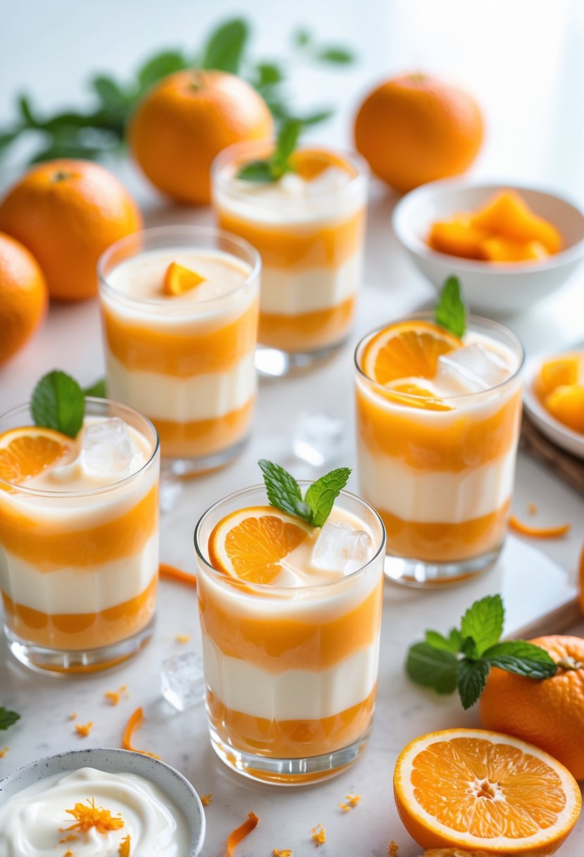 Several glasses of orange and cream layered mocktails garnished with orange slices and mint leaves on a white surface surrounded by fresh oranges and cream.