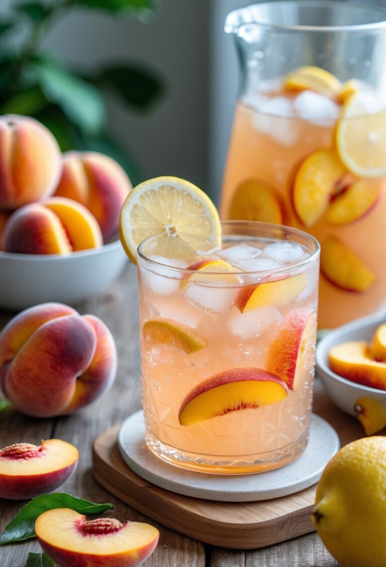 A glass of peach lemonade with ice and lemon slices, surrounded by fresh peaches and lemons on a wooden table.