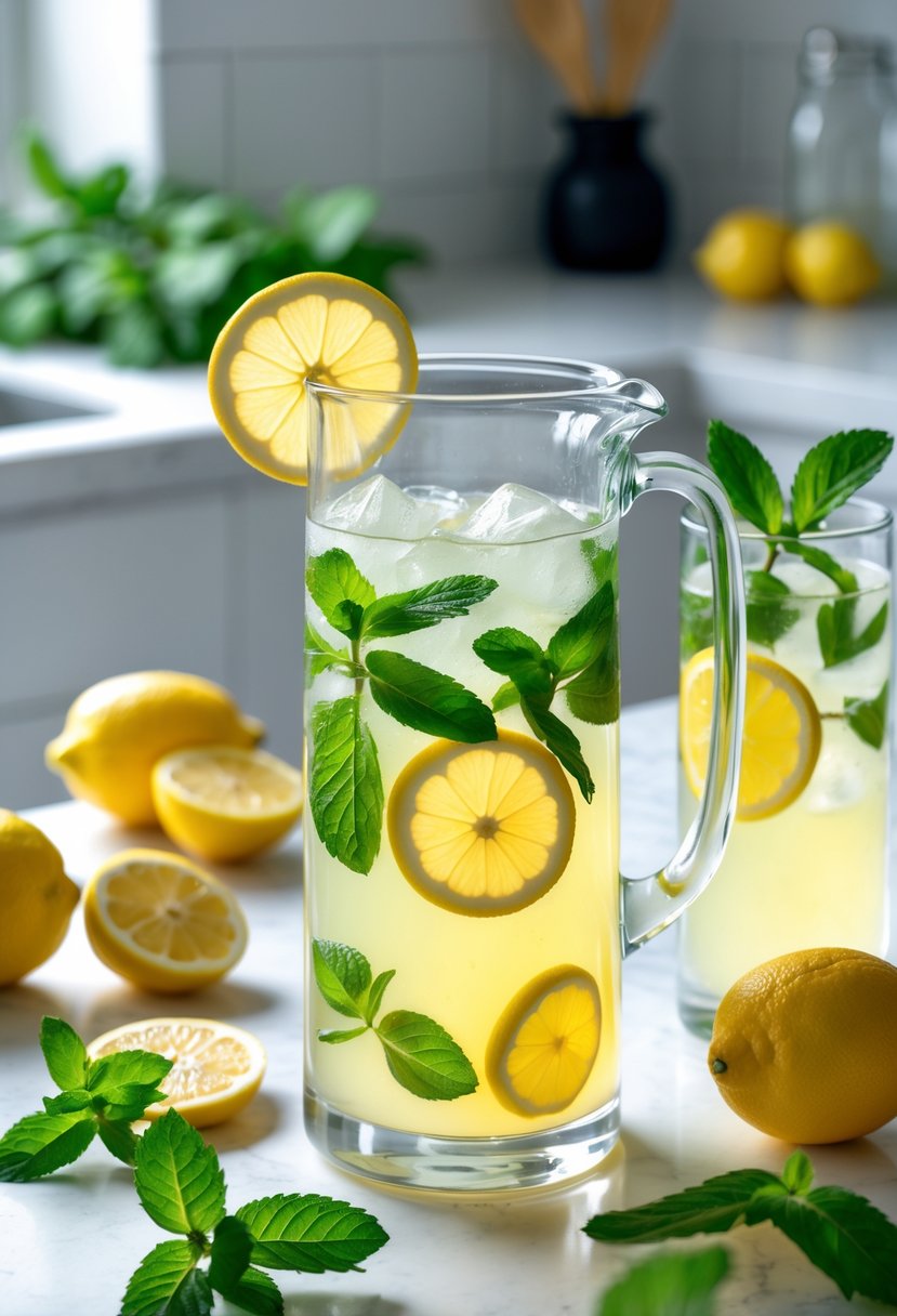 A glass pitcher and glass of peppermint lemonade with lemon slices and fresh peppermint leaves on a white countertop surrounded by lemons and peppermint.