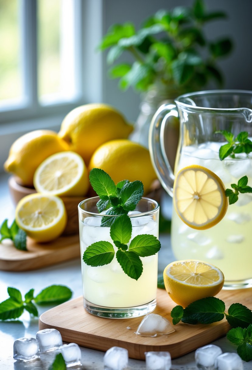 Fresh peppermint leaves, whole and sliced lemons, a glass pitcher and glass of lemonade with ice and mint on a kitchen countertop.