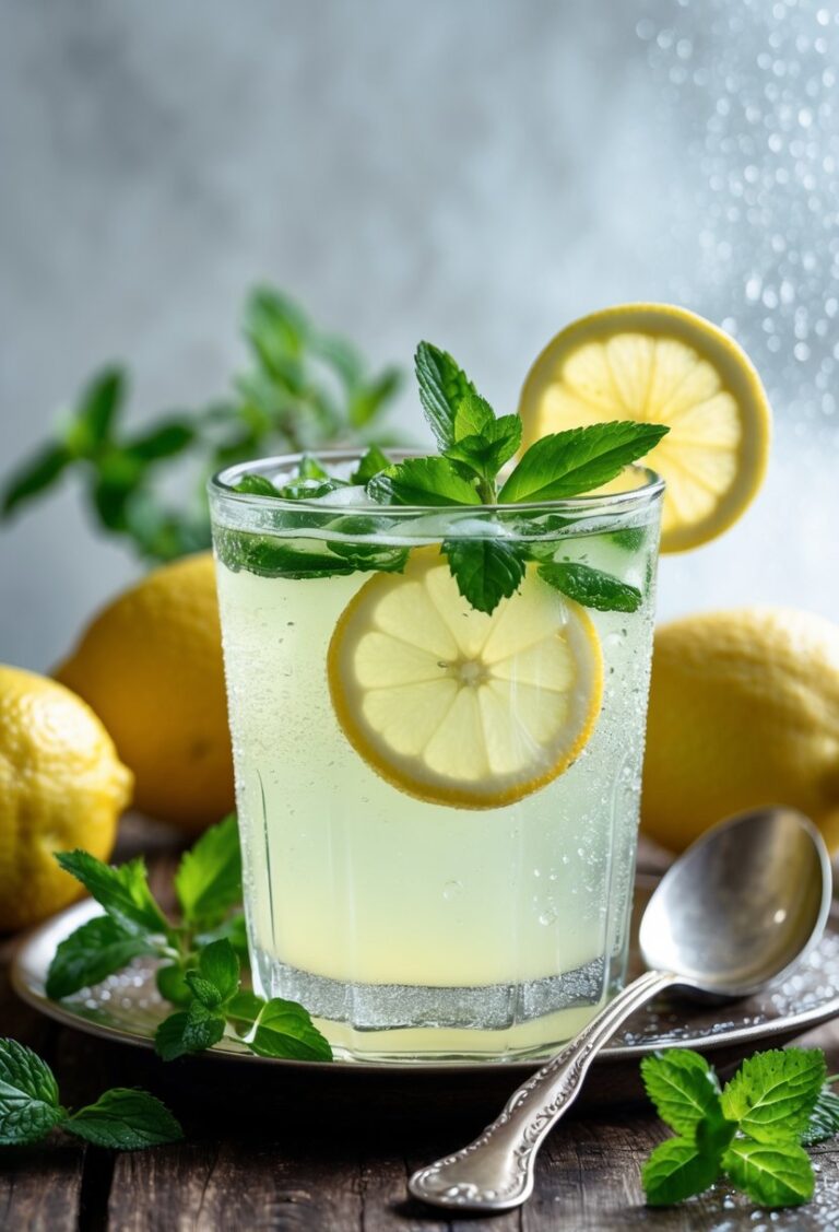 A glass of peppermint lemonade garnished with lemon slices and peppermint leaves on a wooden table with fresh lemons and mint nearby.