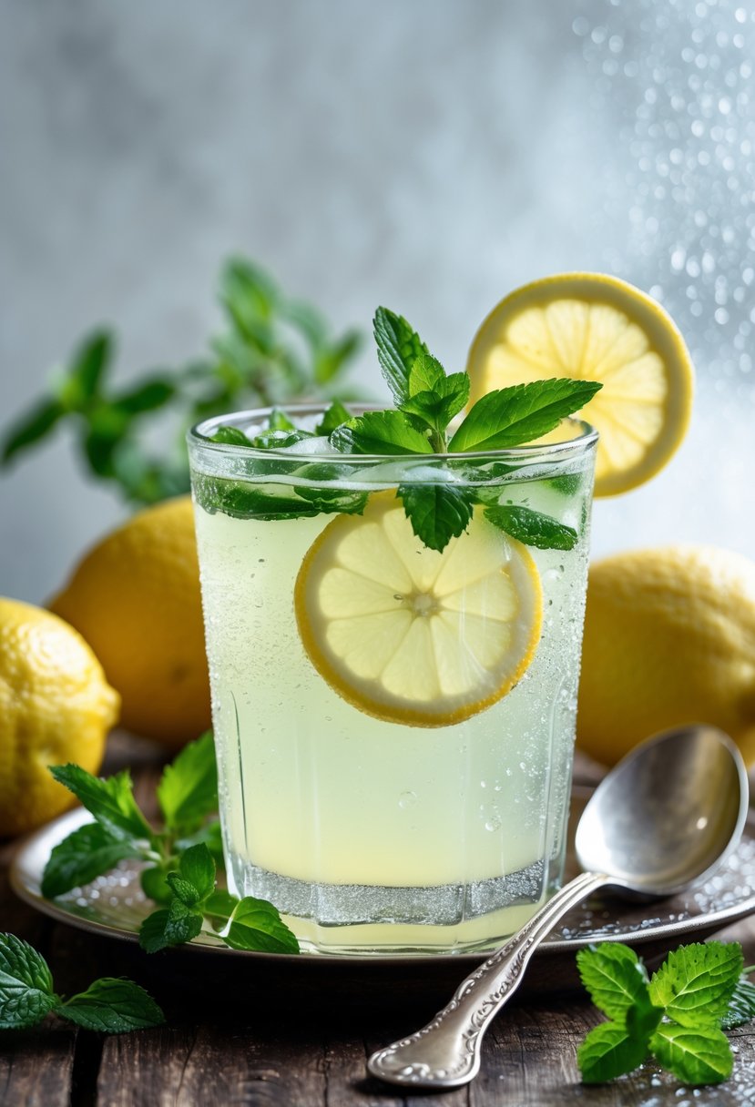 A glass of peppermint lemonade garnished with lemon slices and peppermint leaves on a wooden table with fresh lemons and mint nearby.