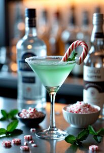A peppermint martini in a glass garnished with peppermint leaves and a candy cane, surrounded by ingredients like vodka, crushed peppermint candies, and fresh peppermint leaves on a bar counter.