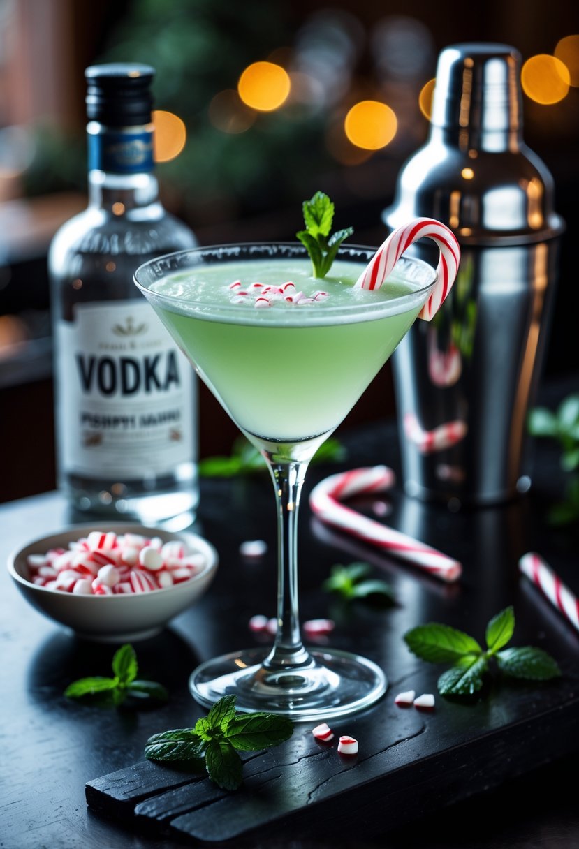 A peppermint martini cocktail garnished with a candy cane and fresh peppermint on a bar counter surrounded by cocktail ingredients and tools.