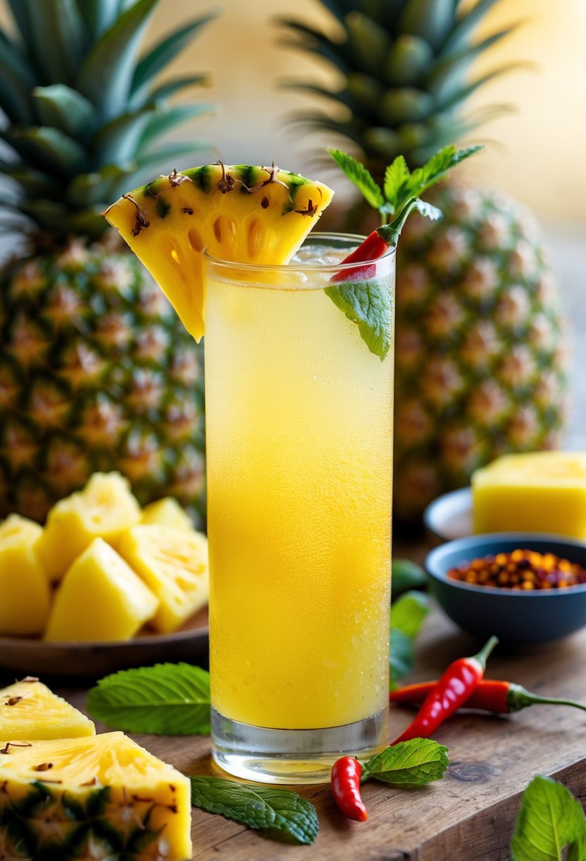 A tall glass of pineapple chili fizz cocktail garnished with pineapple slice, red chili pepper, and mint leaves on a wooden surface with fresh pineapple pieces and chili peppers nearby.