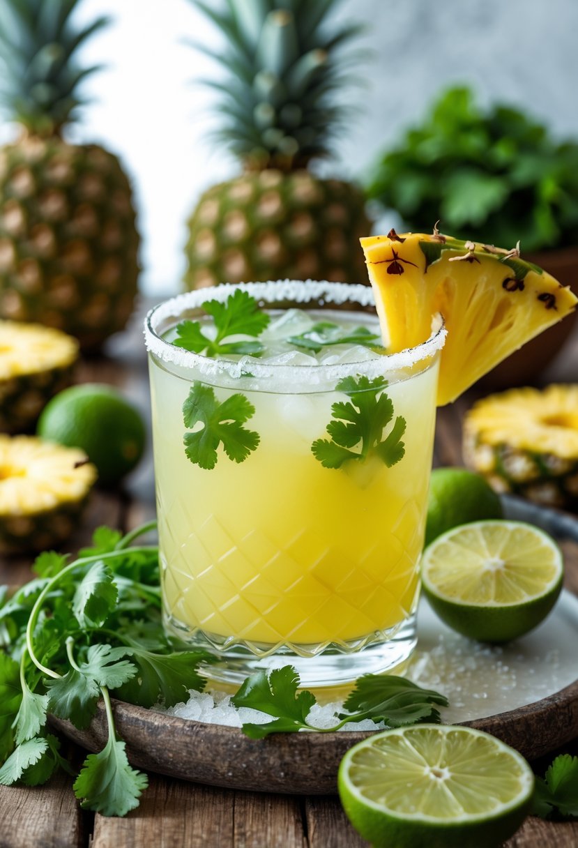 A glass of pineapple cilantro margarita garnished with cilantro and pineapple on a wooden table surrounded by fresh pineapples, cilantro, and lime.