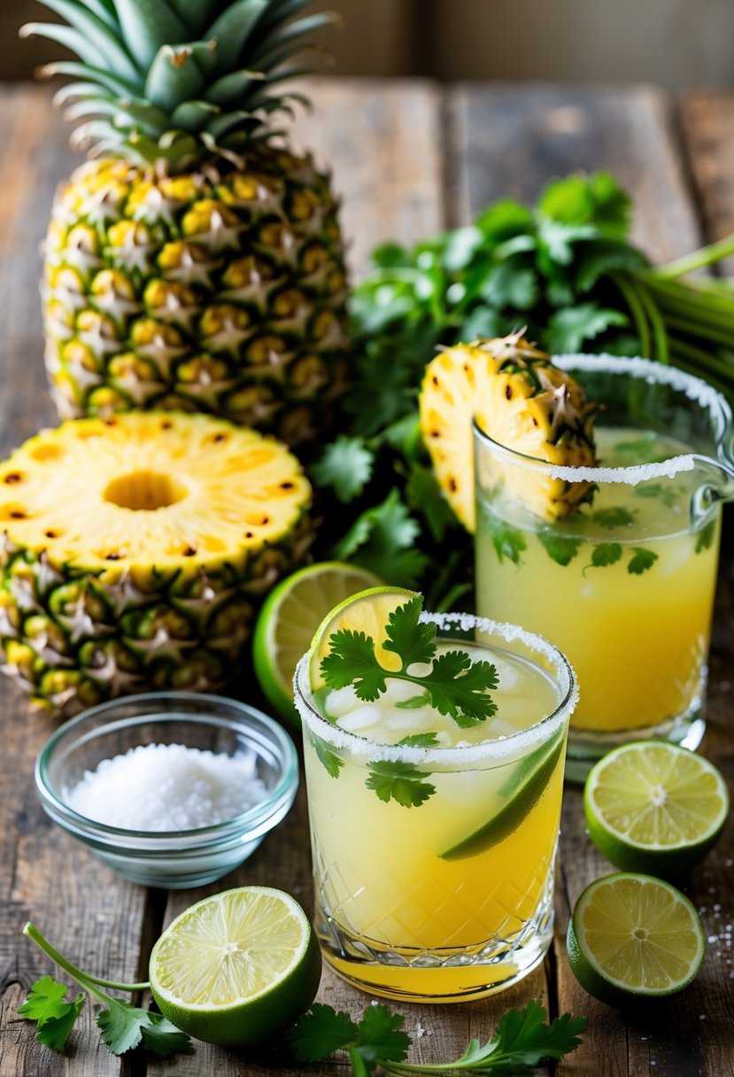A table with fresh pineapple slices, cilantro leaves, lime halves, a bowl of salt, and a glass pitcher of pineapple cilantro margarita garnished with lime and cilantro.