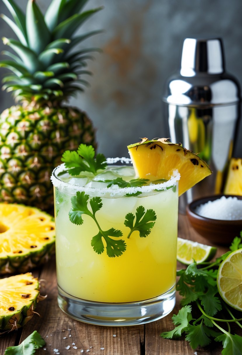 A glass of pineapple cilantro margarita garnished with cilantro leaves, surrounded by pineapple slices, fresh cilantro, and a lime wedge on a wooden table.