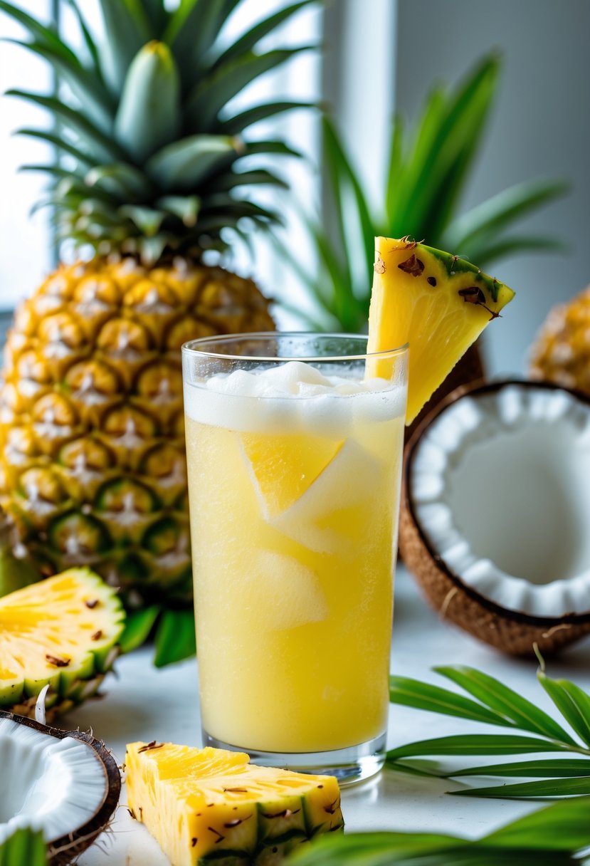 A glass of pineapple coconut refresher drink garnished with pineapple and coconut slices on a kitchen countertop with fresh pineapples and coconut halves nearby.