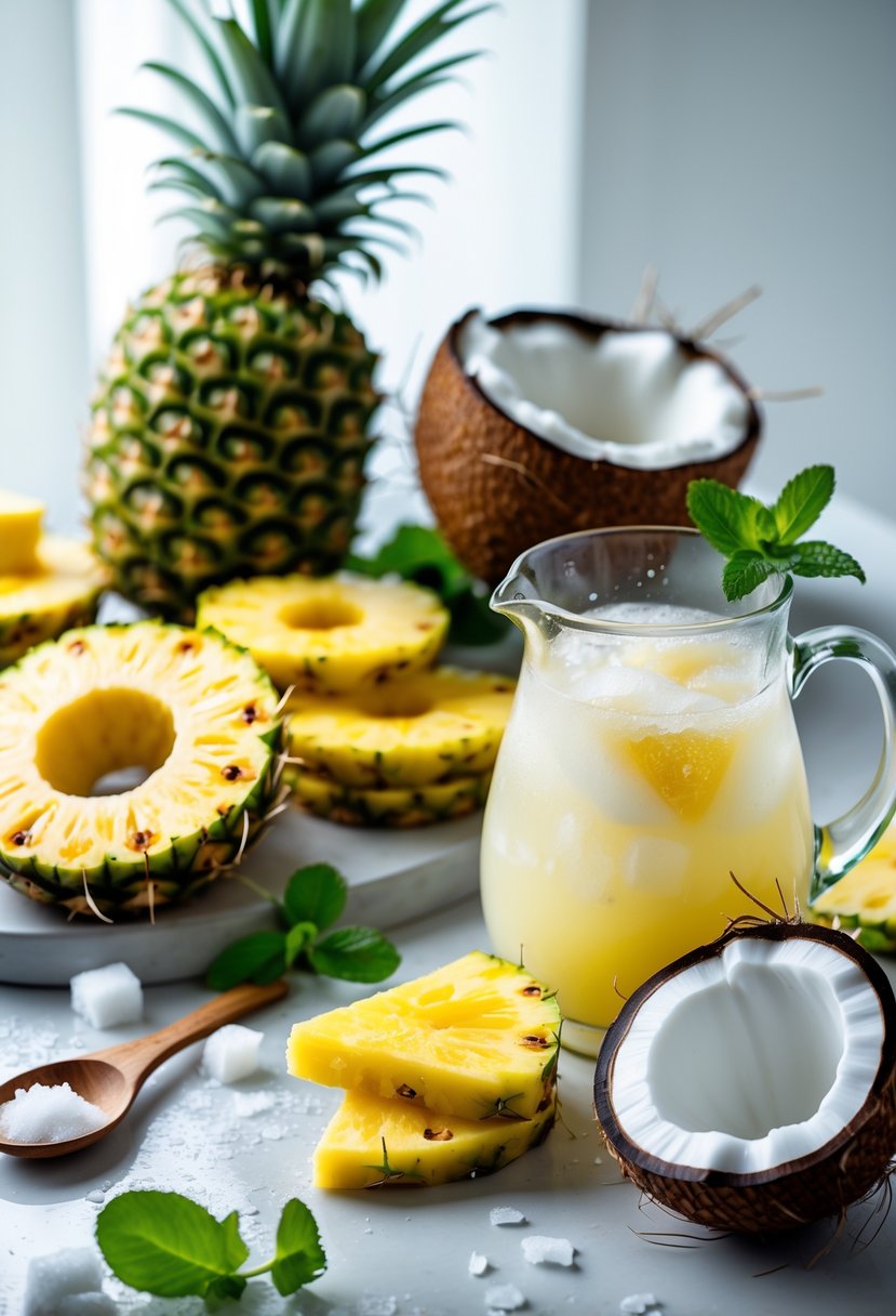 Fresh pineapple slices, a halved coconut, a glass pitcher of pineapple coconut drink with ice, and mint leaves arranged on a bright surface.