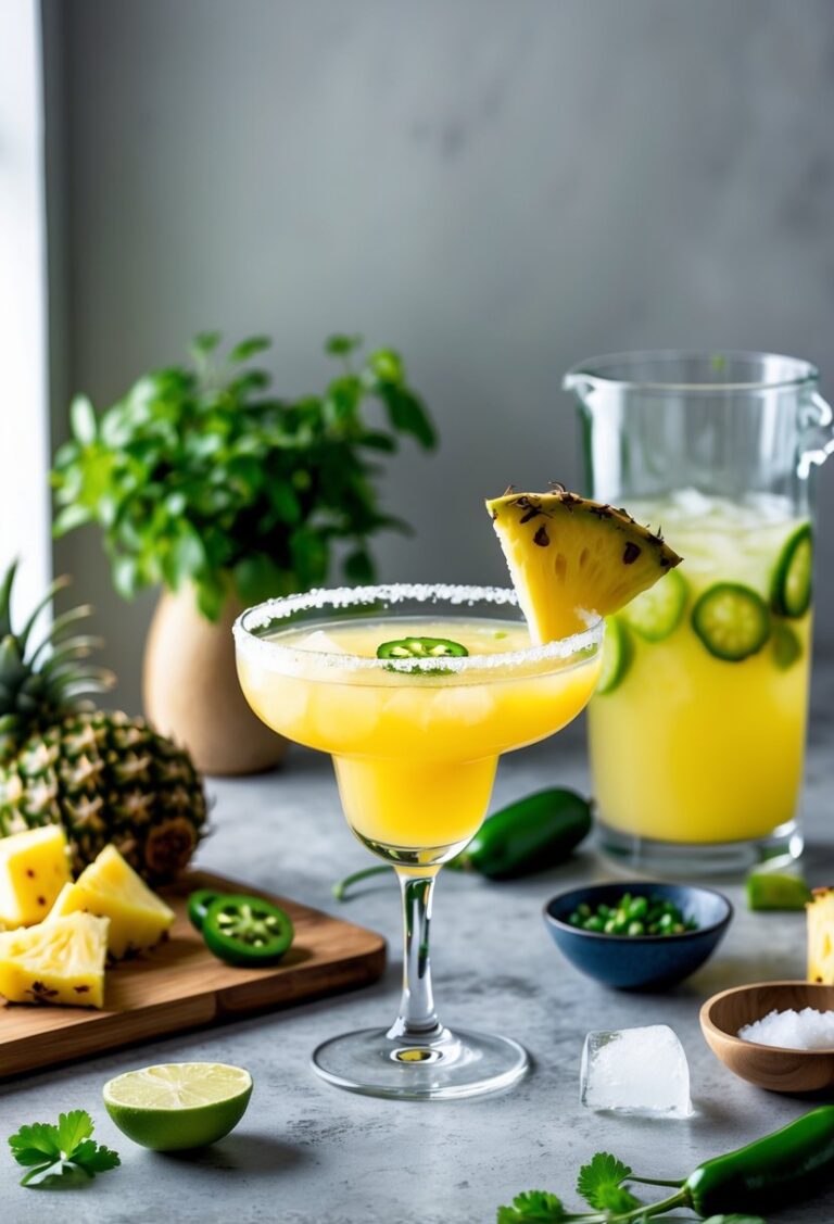 A kitchen countertop with fresh pineapple, jalapeno peppers, lime, a salt-rimmed margarita glass filled with a yellow-orange cocktail garnished with pineapple and jalapeno, and cocktail preparation tools.