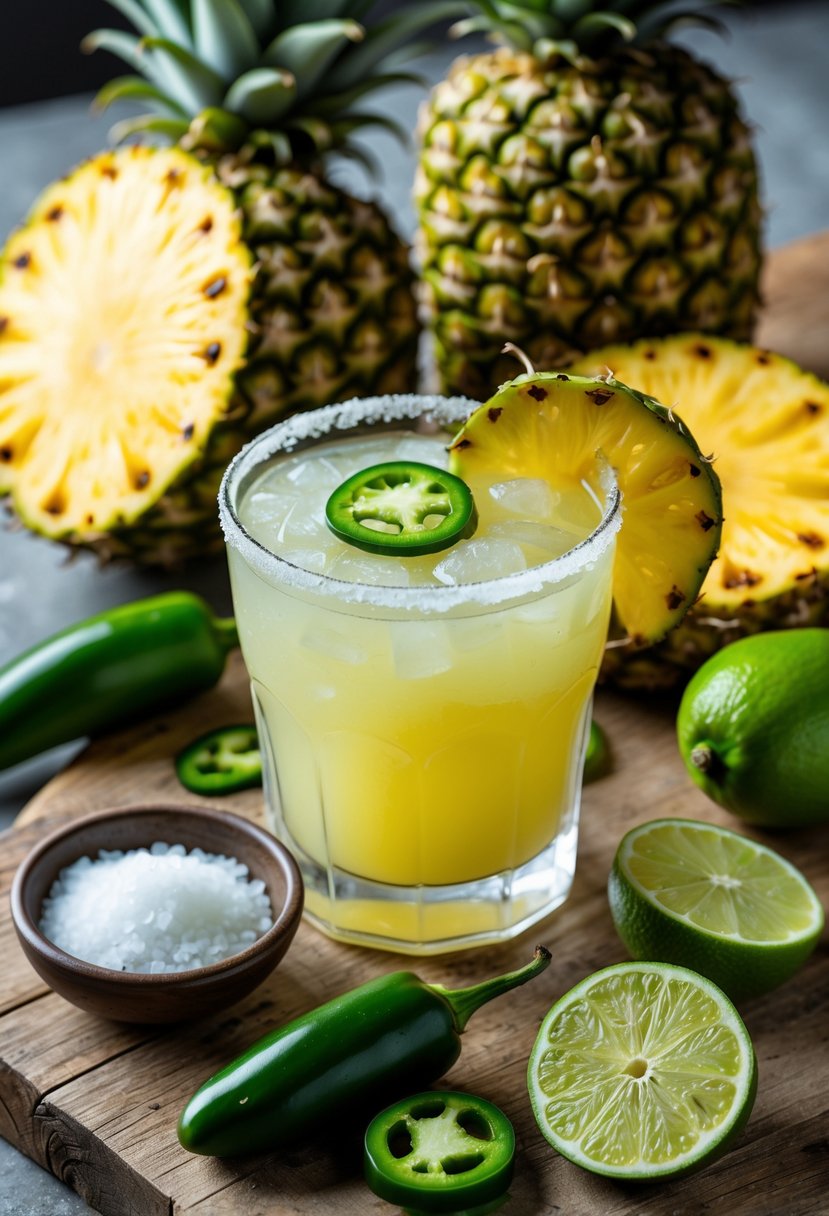 Fresh pineapple slices, jalapeno peppers, lime halves, a bowl of salt, and a glass of pineapple jalapeno margarita garnished with lime and jalapeno on a wooden surface.