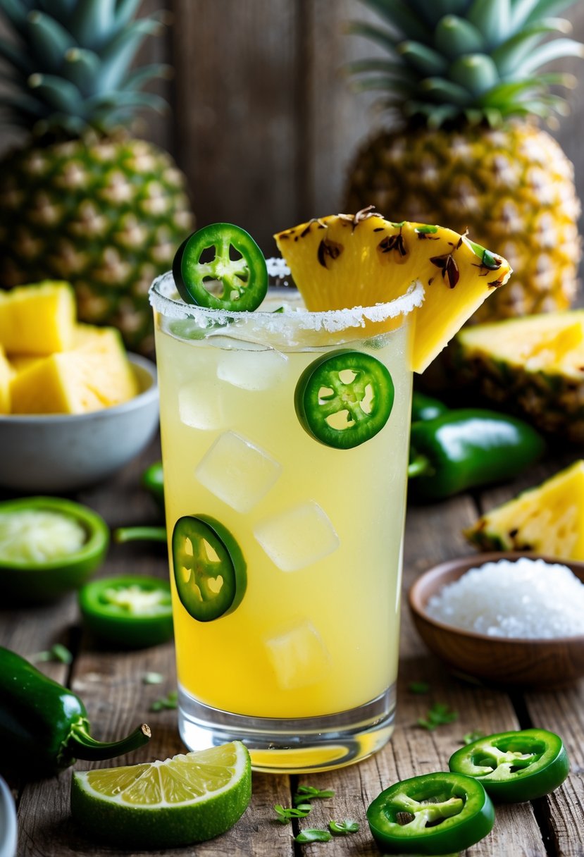 A glass of pineapple jalapeno margarita garnished with jalapeno slice and pineapple wedge, surrounded by fresh jalapenos, pineapple pieces, lime wedge, and salt on a wooden table.