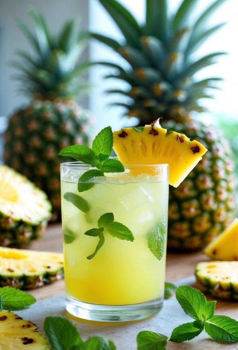 A glass of pineapple mint mocktail garnished with mint leaves and a pineapple wedge, surrounded by fresh pineapple and mint on a wooden surface.