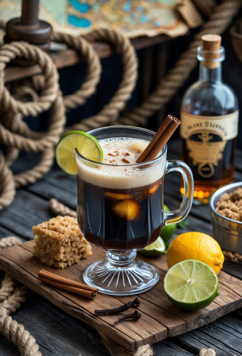 A wooden table on a pirate ship deck with a glass of dark frothy Pirate’s Grog surrounded by rum bottles, brown sugar, cloves, citrus fruits, and nautical items like a compass and ropes.