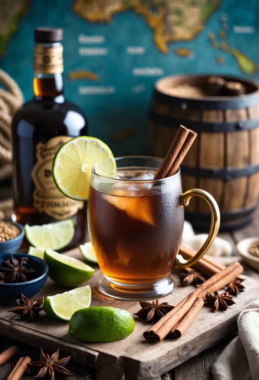 A wooden table displaying ingredients for Pirate’s Grog including rum, lime wedges, brown sugar, cinnamon sticks, cloves, and a glass with a dark drink garnished with lime and cinnamon.
