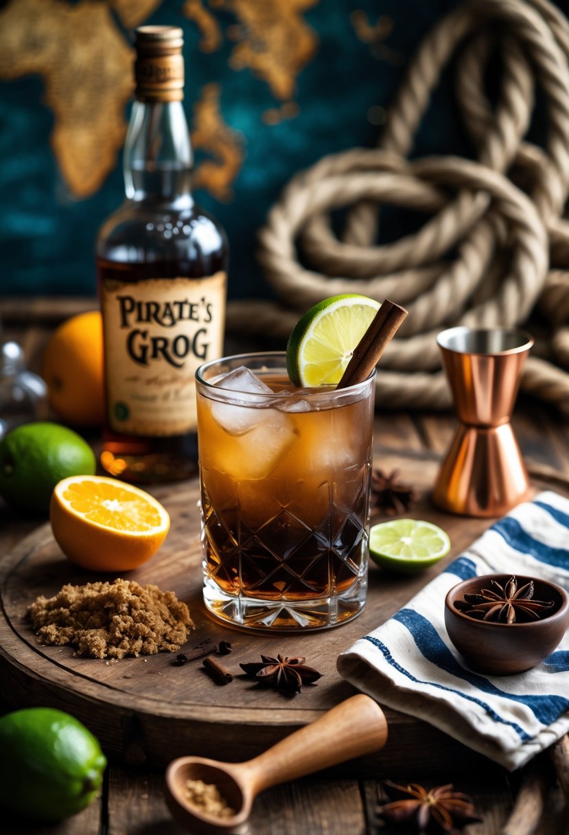 A wooden table with a glass of dark amber cocktail garnished with lime and cinnamon, surrounded by citrus fruits, spices, and bartending tools.