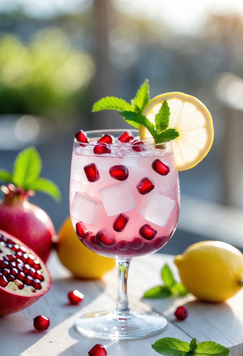 A glass of pomegranate lemon spritz garnished with pomegranate seeds and a lemon slice on a wooden table with fresh pomegranates and lemon wedges nearby.