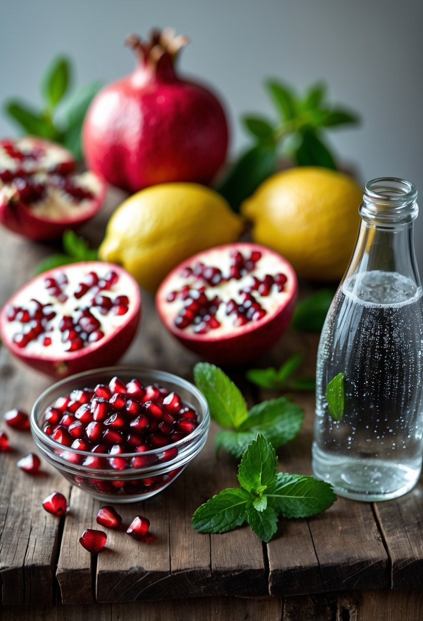 Fresh pomegranate halves, sliced lemons, a bowl of pomegranate seeds, sparkling water bottle, and mint leaves arranged on a wooden surface.