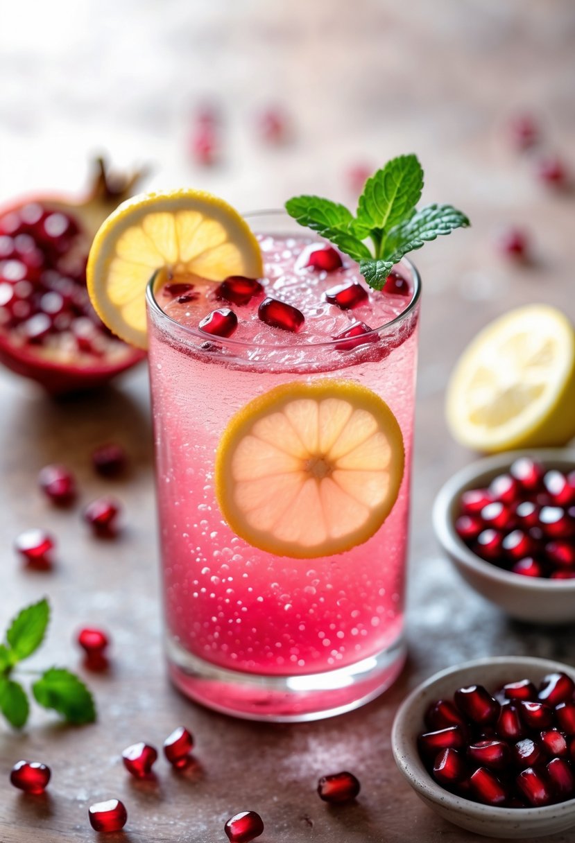 A glass of Pomegranate Lemon Spritz garnished with pomegranate seeds, a lemon slice, and mint on a wooden surface with pomegranate seeds and lemon halves nearby.