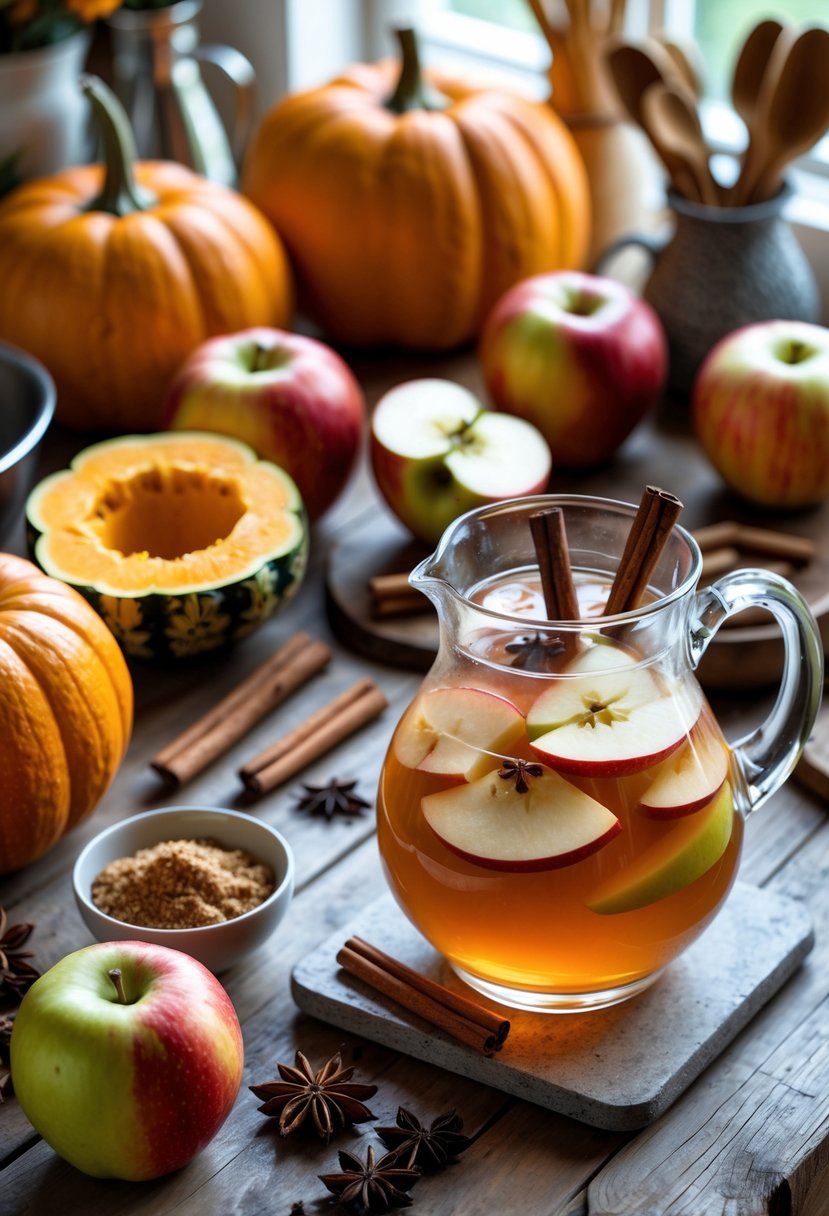 Fresh pumpkins, apples, spices, and a glass pitcher of pumpkin apple punch arranged on a wooden table in a kitchen.