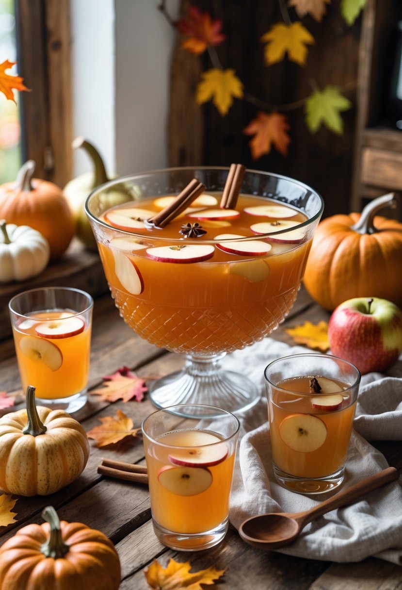 A kitchen table with a glass bowl of pumpkin apple punch garnished with apple slices and cinnamon sticks, surrounded by pumpkins, apples, and glasses of the punch.
