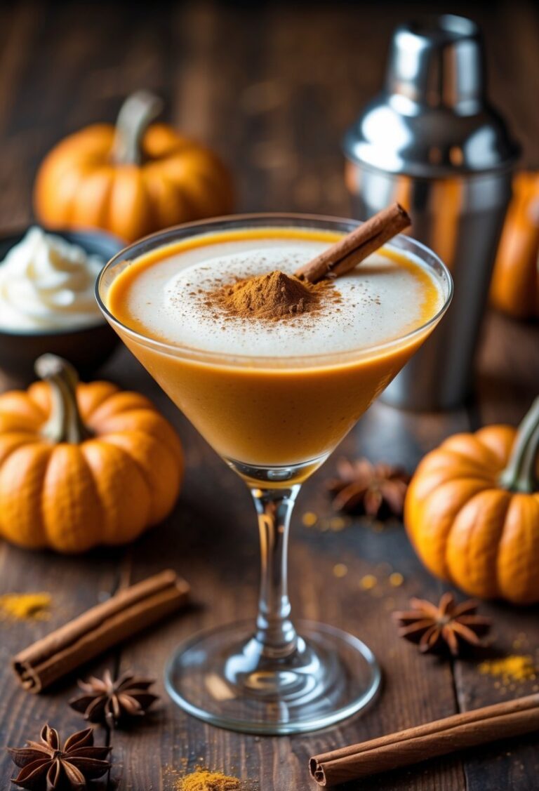 A pumpkin spice martini garnished with a cinnamon stick and nutmeg on a wooden table surrounded by pumpkins and spices.