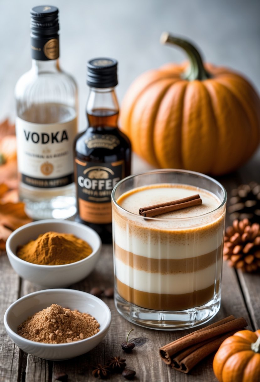 Ingredients for making a Pumpkin Spice White Russian cocktail arranged on a wooden surface with a prepared glass of the drink garnished with a cinnamon stick.