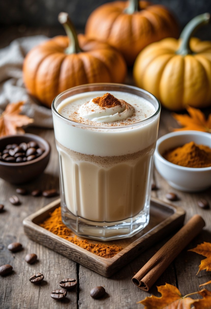 A glass of creamy Pumpkin Spice White Russian cocktail on a wooden table with pumpkin spice, coffee beans, and cinnamon stick nearby, surrounded by autumn decorations.