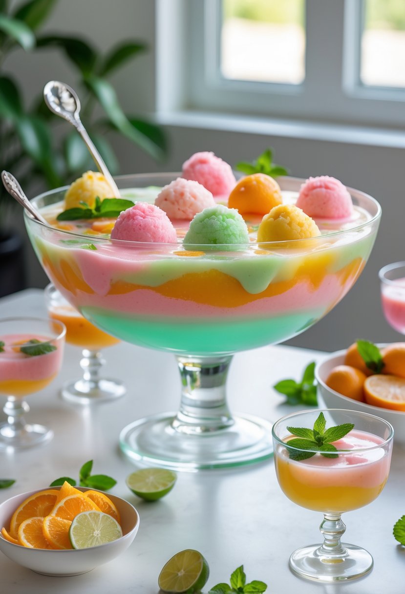 A glass punch bowl filled with colorful rainbow sherbet punch surrounded by glass cups garnished with mint and citrus slices on a bright kitchen table.